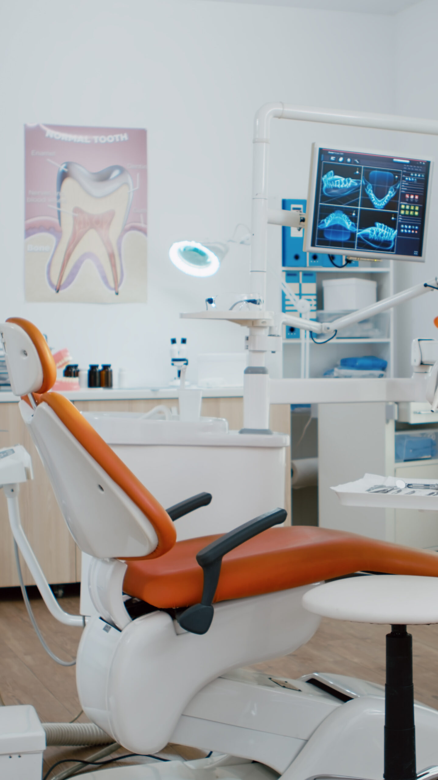 interior dentist stomatology orthodontic office with teeth radiography monitor scaled